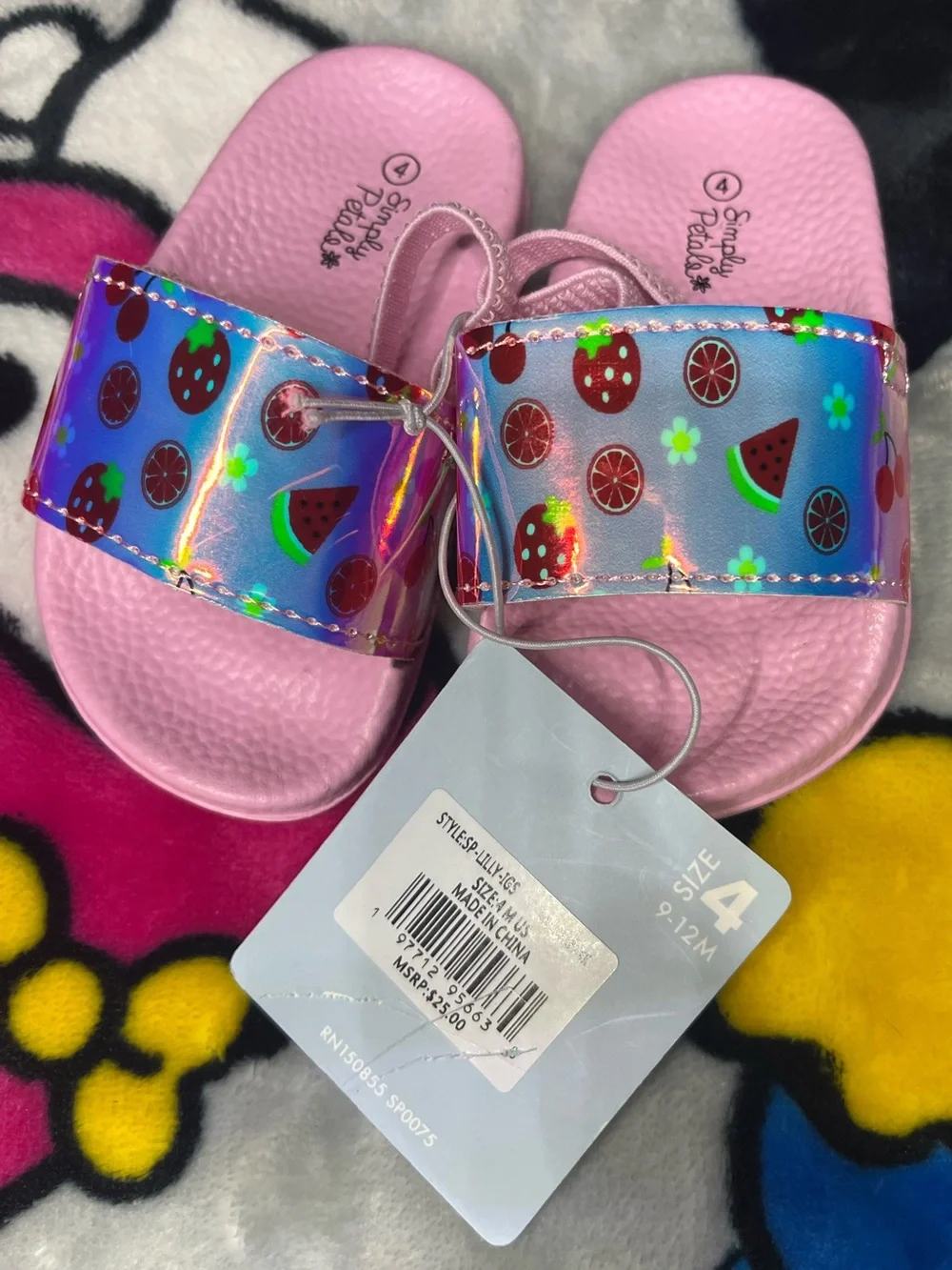 Pink Kids Slide Sandals with Holographic Fruit Strap Sz Girls 4C Shoes NEW NWT